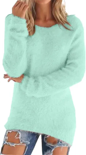 Womens Oversized Pink Fuzzy Knitted Sweaters 2024 Fall Winter Crewneck Fluffy Fuzzy Pullover Thermal Cashmere Sweater