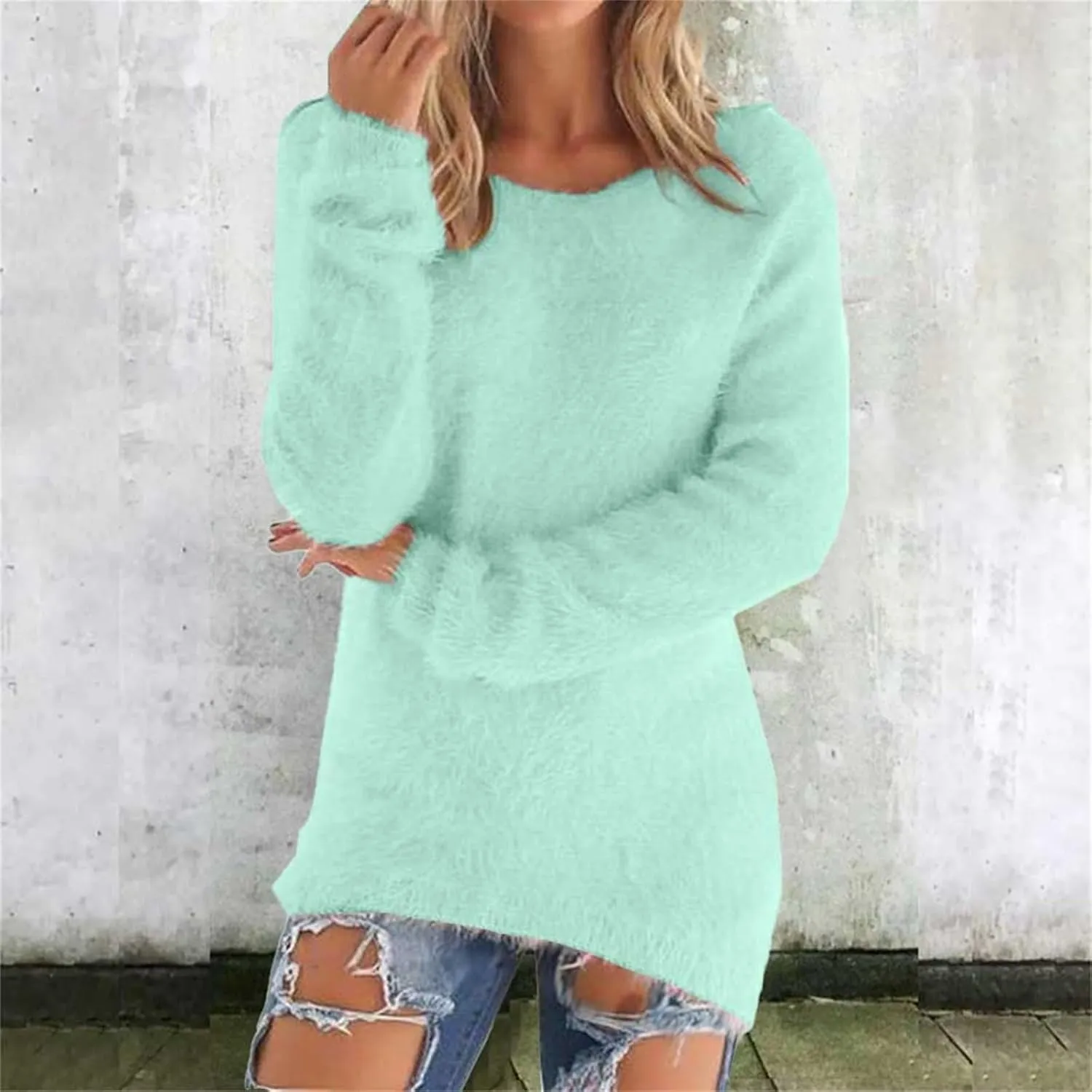 Womens Oversized Pink Fuzzy Knitted Sweaters 2024 Fall Winter Crewneck Fluffy Fuzzy Pullover Thermal Cashmere Sweater