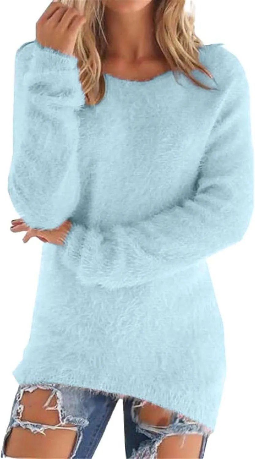 Womens Oversized Pink Fuzzy Knitted Sweaters 2024 Fall Winter Crewneck Fluffy Fuzzy Pullover Thermal Cashmere Sweater