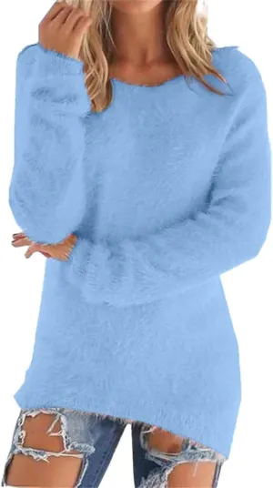 Womens Oversized Pink Fuzzy Knitted Sweaters 2024 Fall Winter Crewneck Fluffy Fuzzy Pullover Thermal Cashmere Sweater