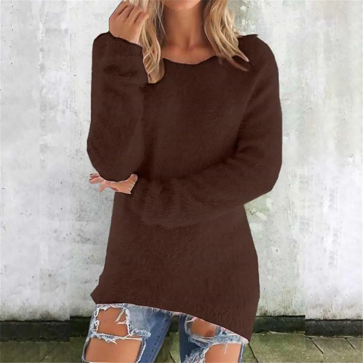 Womens Oversized Pink Fuzzy Knitted Sweaters 2024 Fall Winter Crewneck Fluffy Fuzzy Pullover Thermal Cashmere Sweater