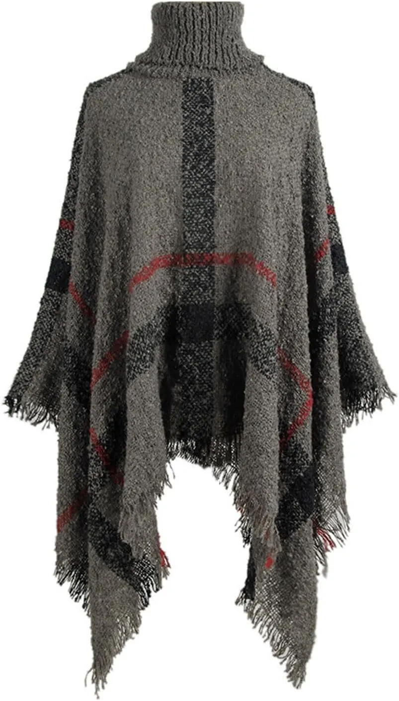 Womens Plaid Poncho Cape Winter Warm Coat Faux Fur Trim Shawl Cloak Elegant Pullover Shawls Cape Layers
