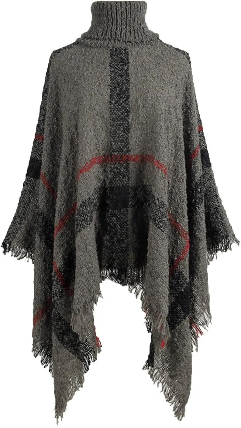 Womens Plaid Poncho Cape Winter Warm Coat Faux Fur Trim Shawl Cloak Elegant Pullover Shawls Cape Layers