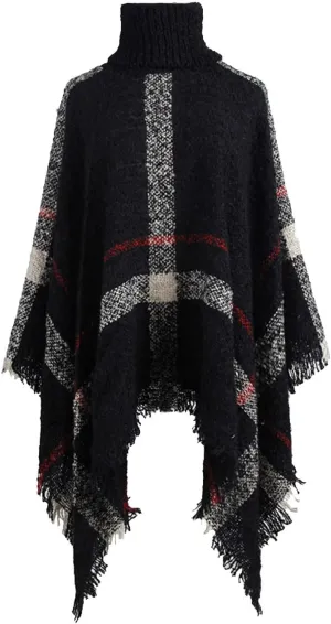 Womens Plaid Poncho Cape Winter Warm Coat Faux Fur Trim Shawl Cloak Elegant Pullover Shawls Cape Layers