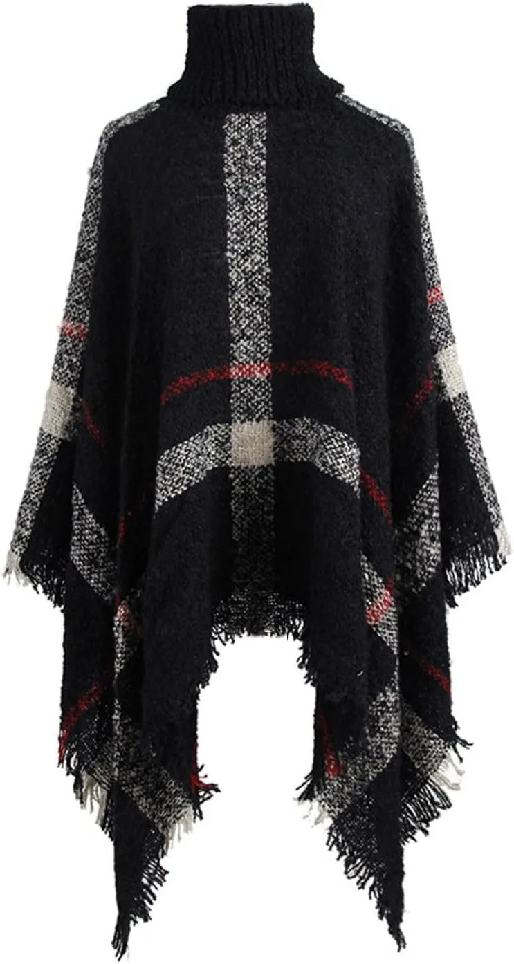Womens Plaid Poncho Cape Winter Warm Coat Faux Fur Trim Shawl Cloak Elegant Pullover Shawls Cape Layers
