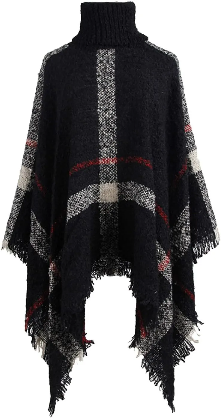 Womens Plaid Poncho Cape Winter Warm Coat Faux Fur Trim Shawl Cloak Elegant Pullover Shawls Cape Layers