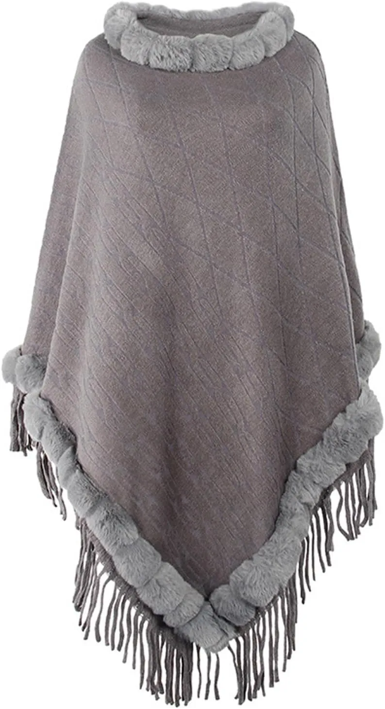 Womens Plaid Poncho Cape Winter Warm Coat Faux Fur Trim Shawl Cloak Elegant Pullover Shawls Cape Layers