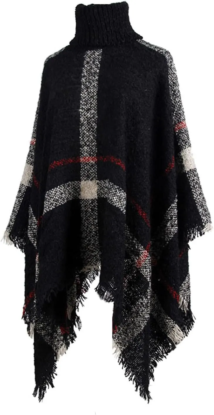 Womens Plaid Poncho Cape Winter Warm Coat Faux Fur Trim Shawl Cloak Elegant Pullover Shawls Cape Layers
