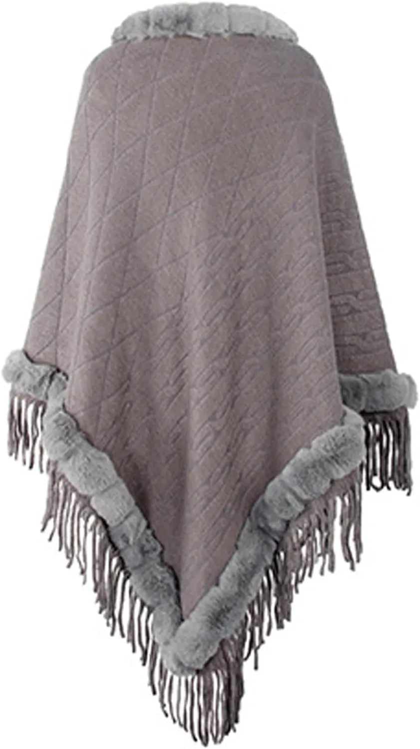 Womens Plaid Poncho Cape Winter Warm Coat Faux Fur Trim Shawl Cloak Elegant Pullover Shawls Cape Layers