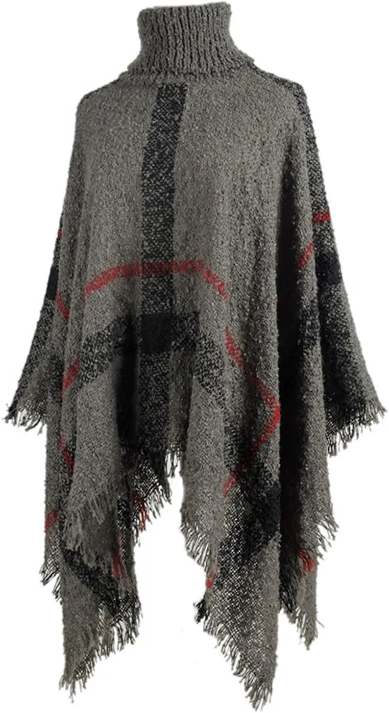 Womens Plaid Poncho Cape Winter Warm Coat Faux Fur Trim Shawl Cloak Elegant Pullover Shawls Cape Layers