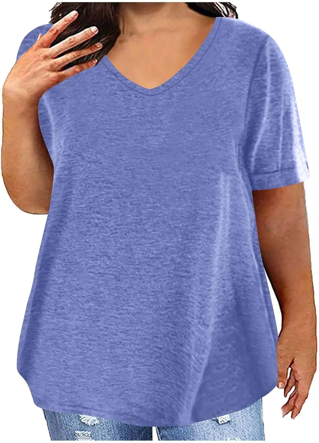 Womens Plus Size Summer Tops Short Sleeve V Neck T Shirts Casual Loose Fit Solid Tshirts Oversized Going Out Tees