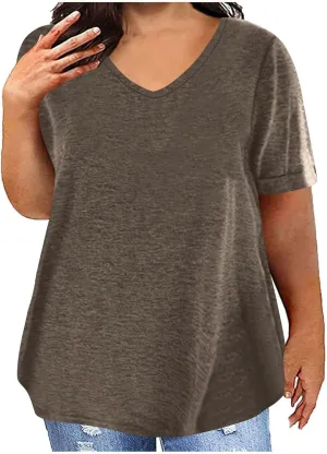 Womens Plus Size Summer Tops Short Sleeve V Neck T Shirts Casual Loose Fit Solid Tshirts Oversized Going Out Tees