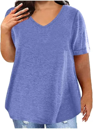 Womens Plus Size Summer Tops Short Sleeve V Neck T Shirts Casual Loose Fit Solid Tshirts Oversized Going Out Tees