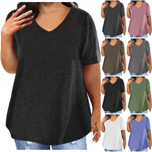Womens Plus Size Summer Tops Short Sleeve V Neck T Shirts Casual Loose Fit Solid Tshirts Oversized Going Out Tees
