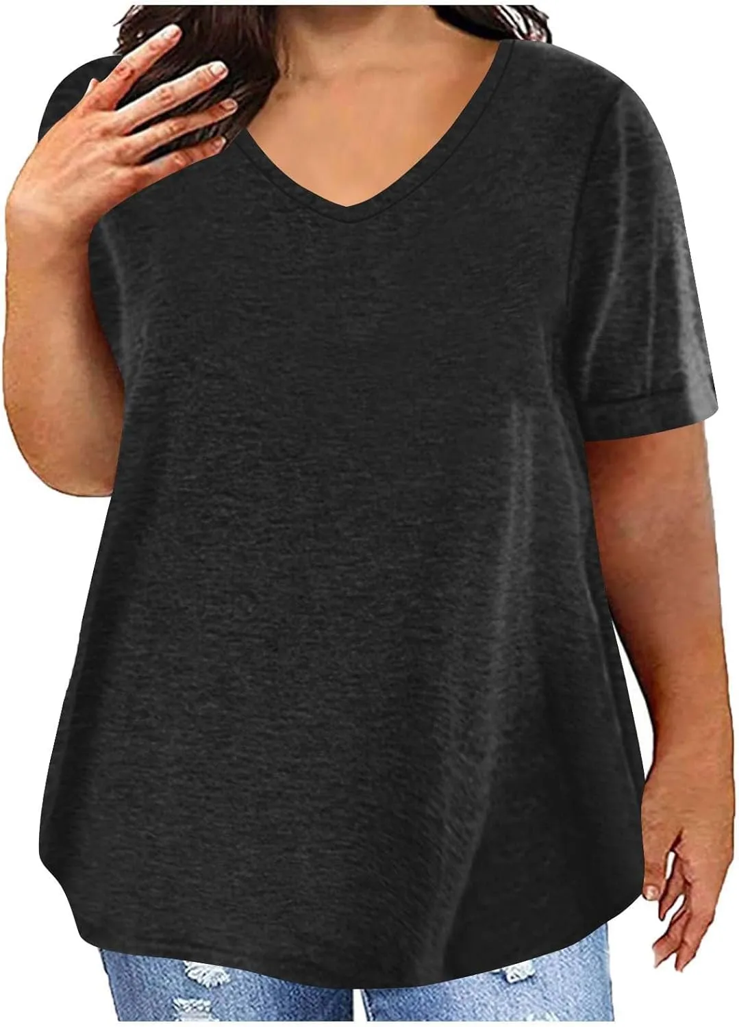 Womens Plus Size Summer Tops Short Sleeve V Neck T Shirts Casual Loose Fit Solid Tshirts Oversized Going Out Tees