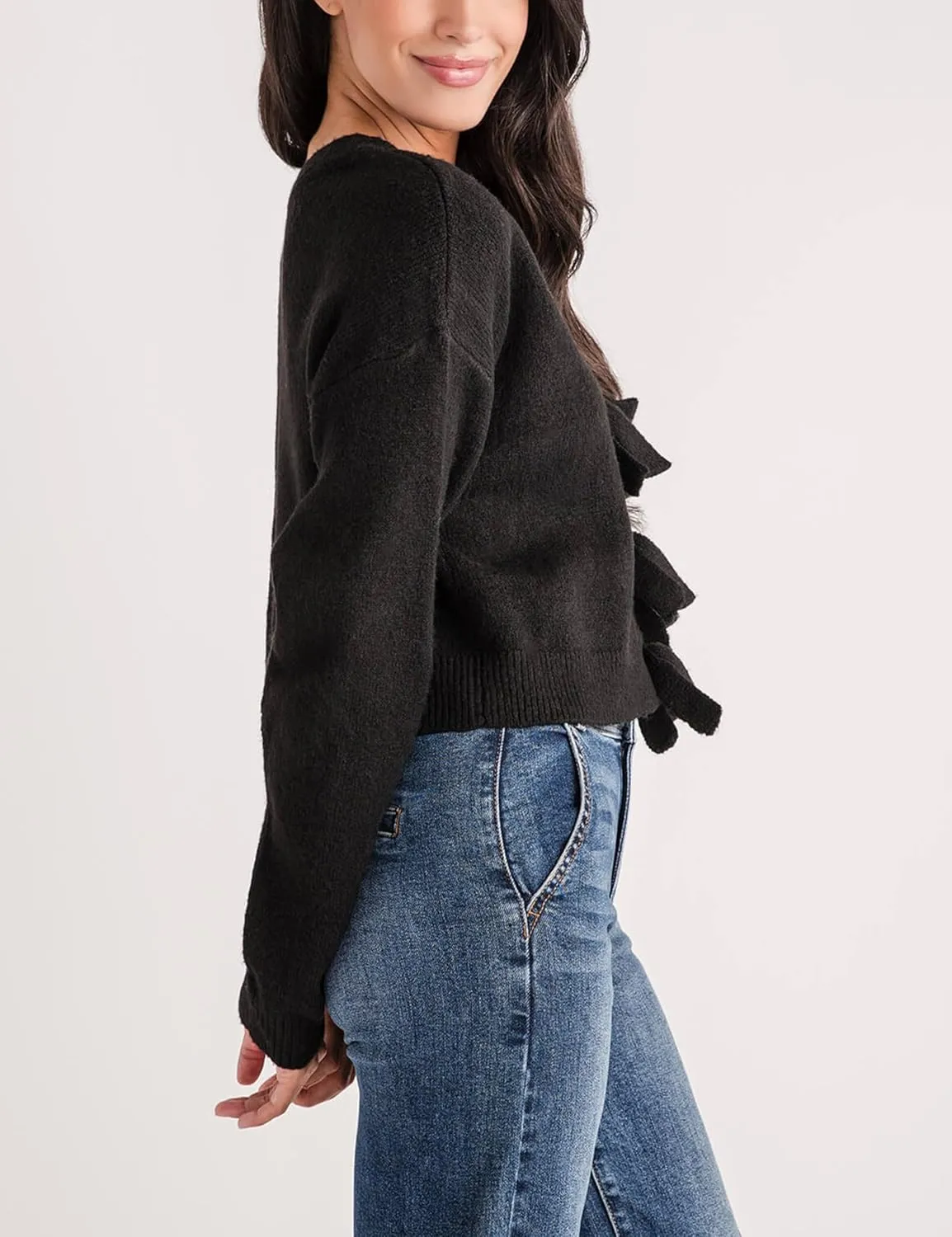 Womens Ribbon Bow Detail Knit Sweater Oversized Cardigan Tie Front Long Sleeve Coat Top