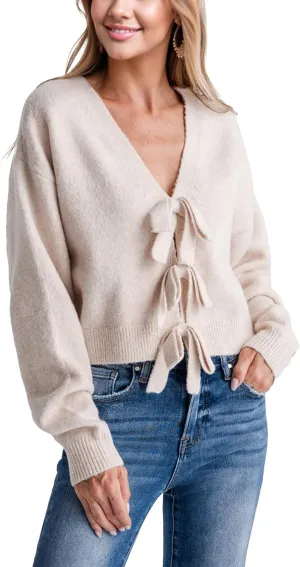 Womens Ribbon Bow Detail Knit Sweater Oversized Cardigan Tie Front Long Sleeve Coat Top