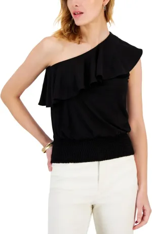Women's Ruffled One-Shoulder Smocked-Hem Top Deep Black XL