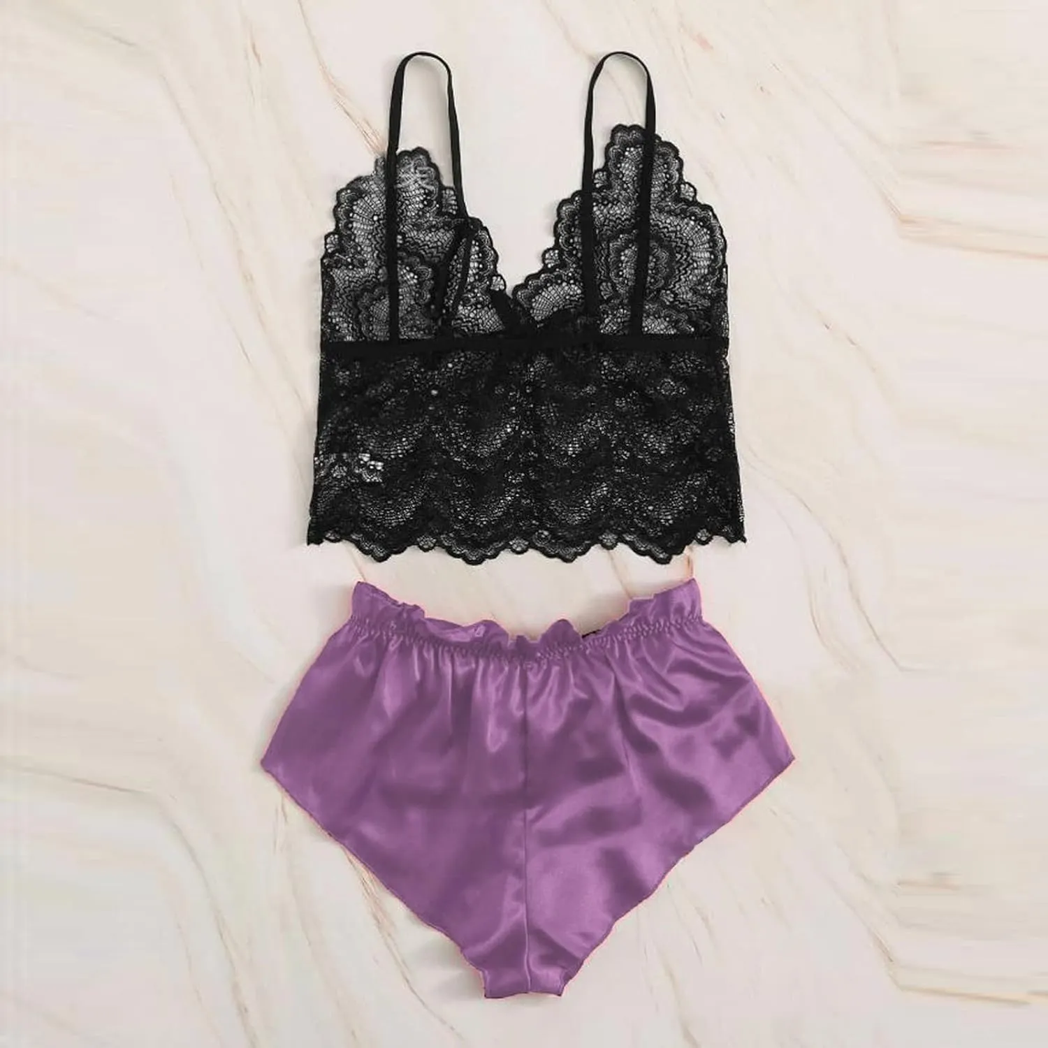 Women's Satin Lingerie Set Lace Bralette and Silk Shorts 2 Piece Pjs Sets Lingerie Pajama Set Nightwear Sleepwear