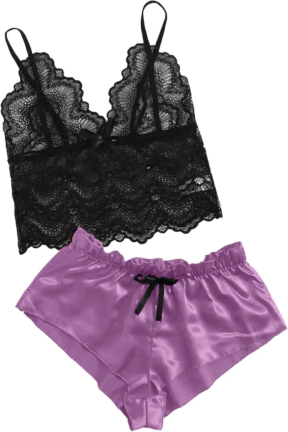 Women's Satin Lingerie Set Lace Bralette and Silk Shorts 2 Piece Pjs Sets Lingerie Pajama Set Nightwear Sleepwear