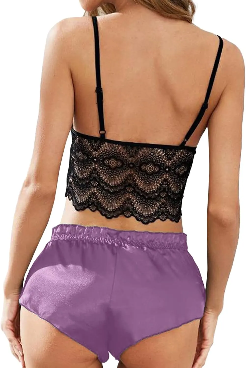 Women's Satin Lingerie Set Lace Bralette and Silk Shorts 2 Piece Pjs Sets Lingerie Pajama Set Nightwear Sleepwear