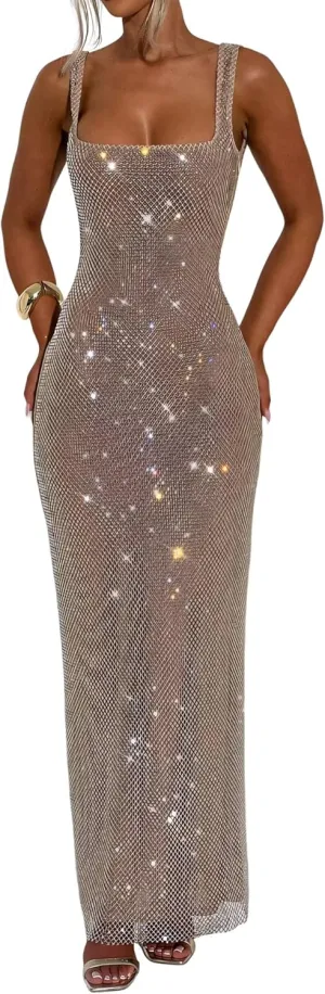 Women's Sexy Bodycon Sequin Maxi Prom Dresses Square Neck Tube Formal Party Club Dress VS155