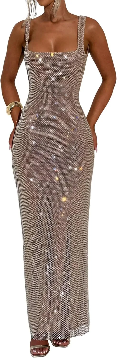 Women's Sexy Bodycon Sequin Maxi Prom Dresses Square Neck Tube Formal Party Club Dress VS155