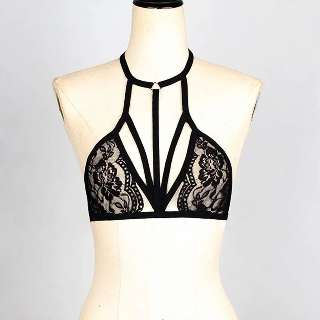 Womens Sexy Bra Lace Mesh Non Padded Embroidered Lingerie Strappy Cage Bras Criss Cross Bandage Bralette Underwear