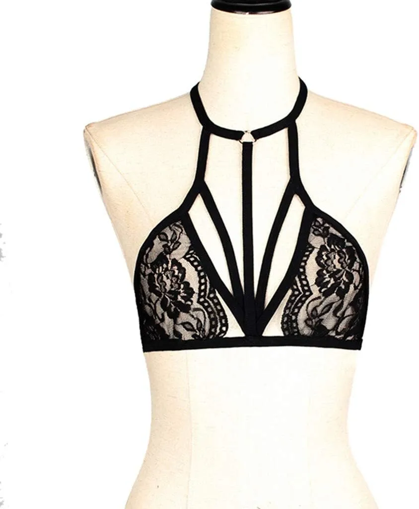 Womens Sexy Bra Lace Mesh Non Padded Embroidered Lingerie Strappy Cage Bras Criss Cross Bandage Bralette Underwear