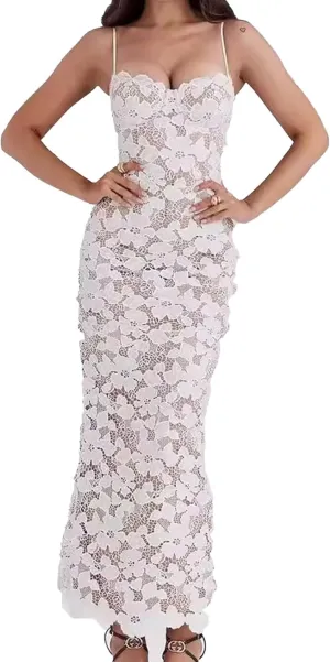 Women's Sexy Floral Lace Maxi Dress Romantic Sleeveeless Tie Lace Bodycon Split Dress