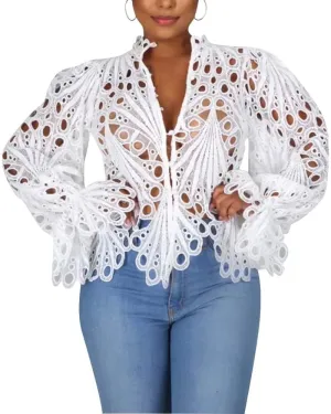 Womens Sexy Lace Long Sleeve Ruffled Tops Cute Puff Flare Blouses V Neck Hollow Out Button Down Shirt Tunic