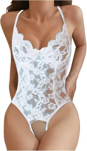 Women's Sexy Lingerie Lace Chemise Deep V Teddy Babydoll One Piece Mesh Nighty Straps Naughty See Through Bodysuits
