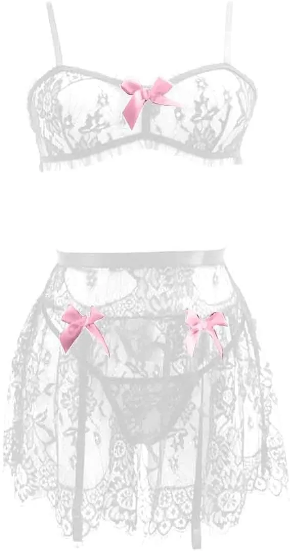 Women's Sexy Lingerie Set Lace Bow Bralettes and Mini Skirt with Garter Belt and Stockings Trendy 2025