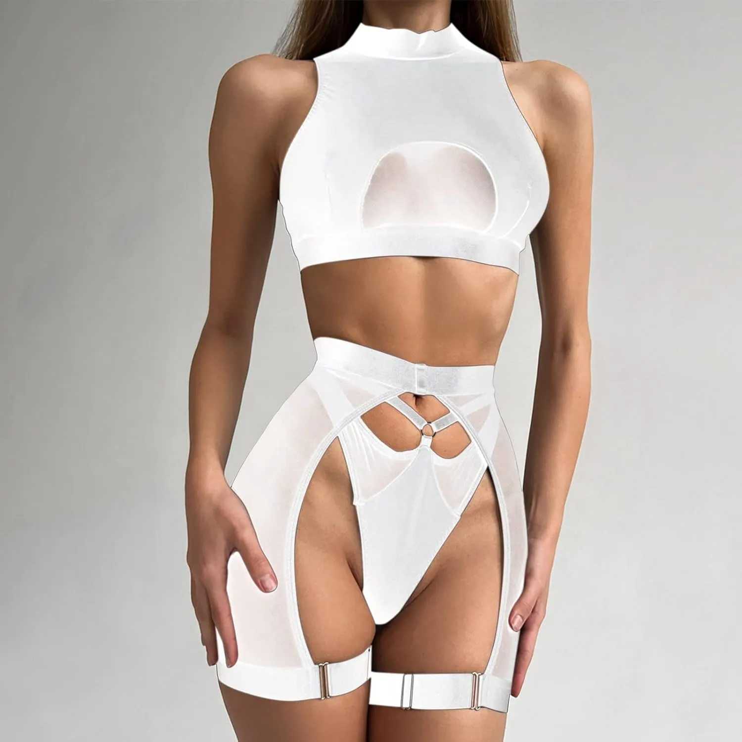 Women's Sexy See Through Lingerie Set Strap Steel Ring Bra Bralette Panties Three Piece Apparel