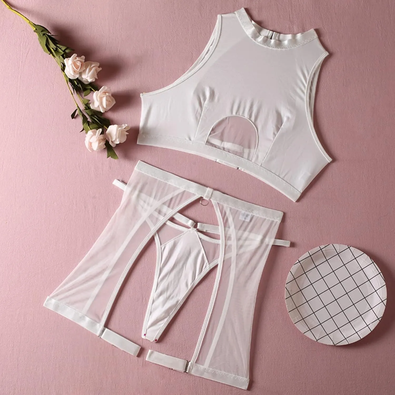 Women's Sexy See Through Lingerie Set Strap Steel Ring Bra Bralette Panties Three Piece Apparel