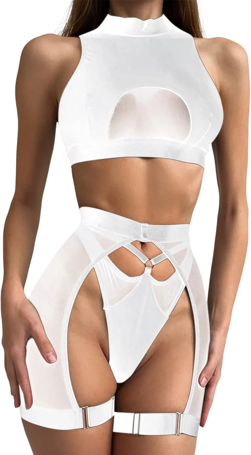 Women's Sexy See Through Lingerie Set Strap Steel Ring Bra Bralette Panties Three Piece Apparel