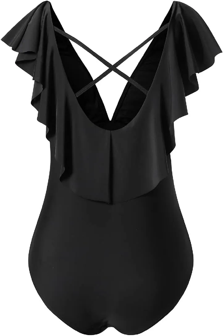Women's Sexy V-Plunge One-Piece Swimsuit,Studio Solids Ruffle Sleeve Swimwear Bathing Suit