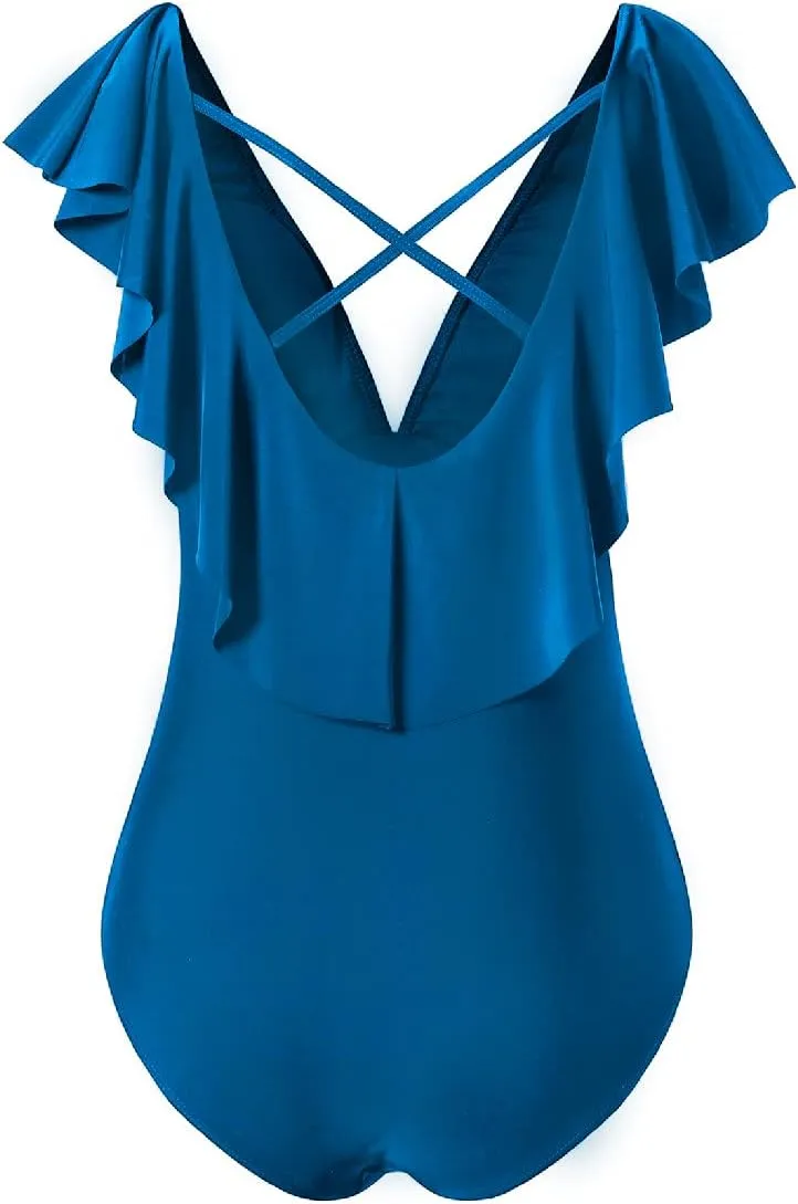 Women's Sexy V-Plunge One-Piece Swimsuit,Studio Solids Ruffle Sleeve Swimwear Bathing Suit