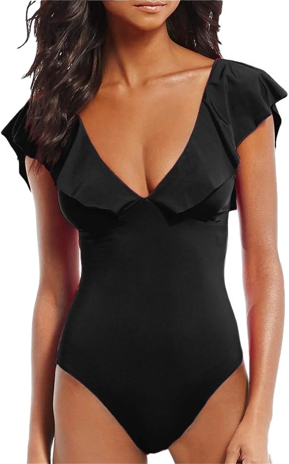 Women's Sexy V-Plunge One-Piece Swimsuit,Studio Solids Ruffle Sleeve Swimwear Bathing Suit