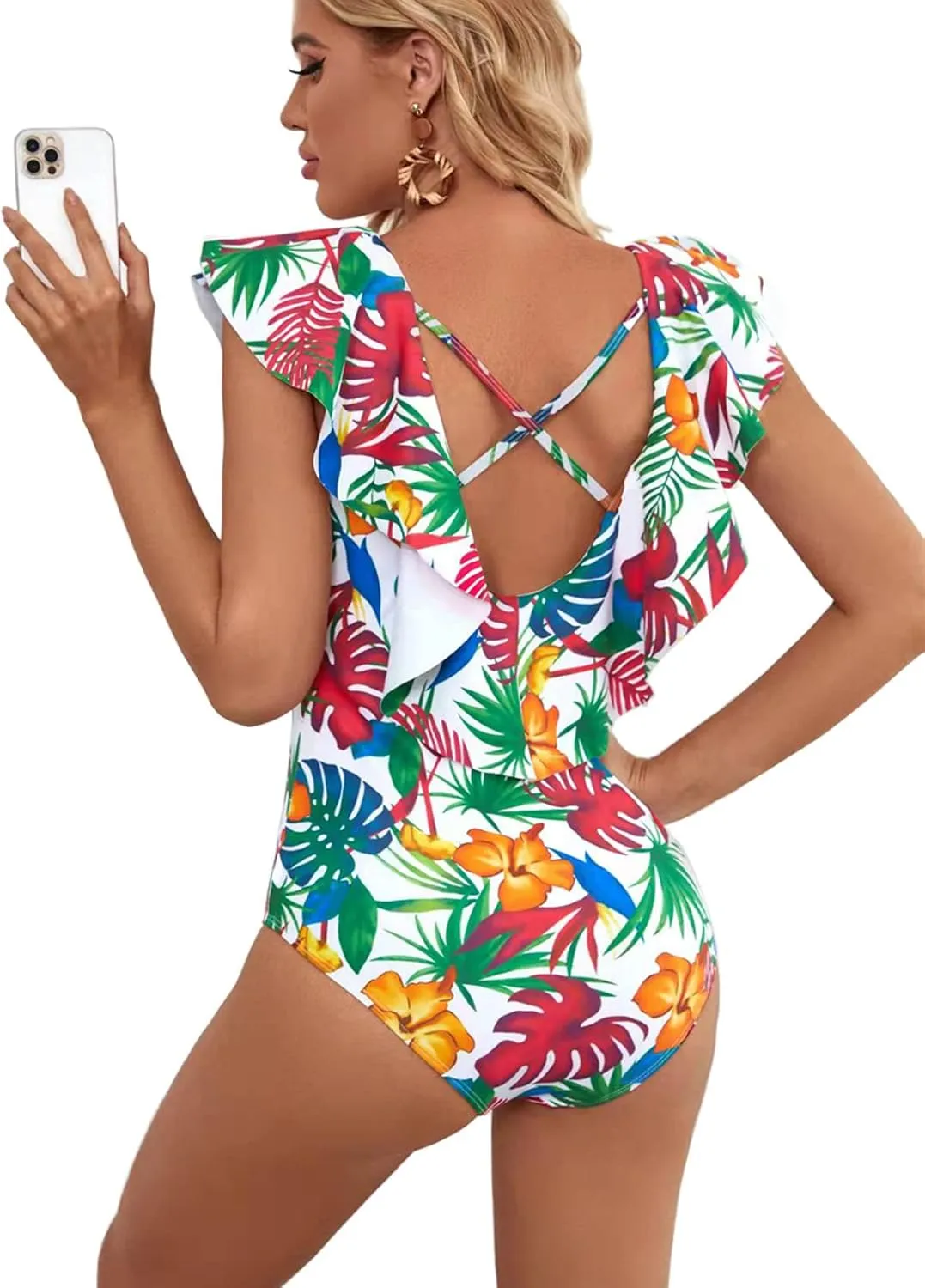 Women's Sexy V-Plunge One-Piece Swimsuit,Studio Solids Ruffle Sleeve Swimwear Bathing Suit
