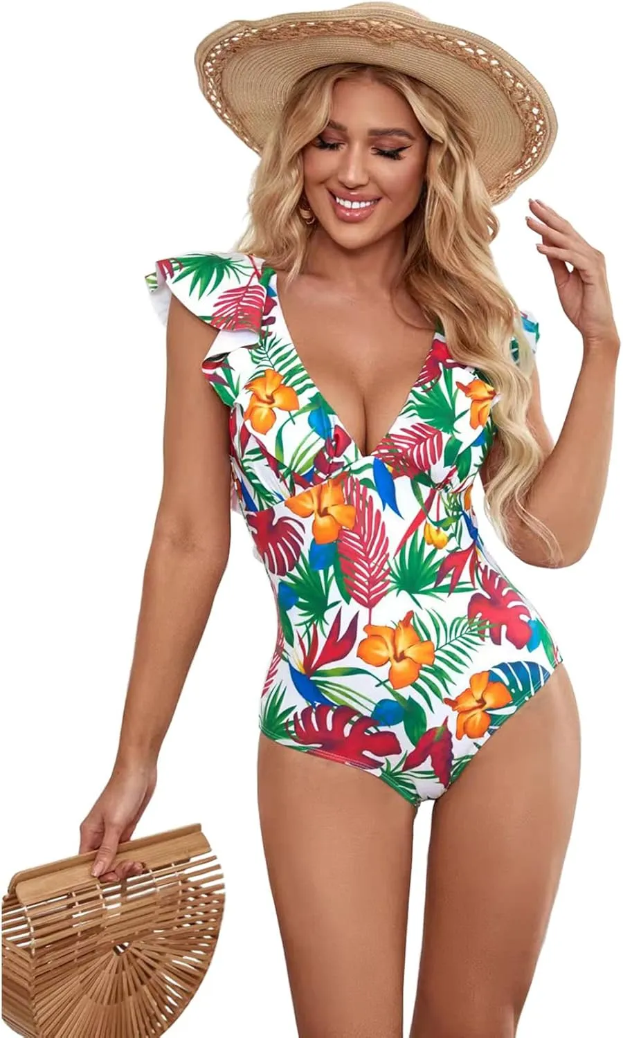 Women's Sexy V-Plunge One-Piece Swimsuit,Studio Solids Ruffle Sleeve Swimwear Bathing Suit