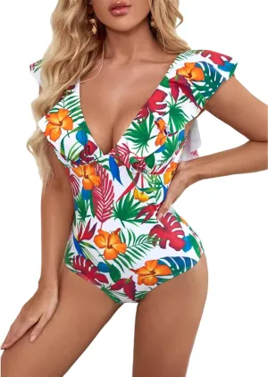 Women's Sexy V-Plunge One-Piece Swimsuit,Studio Solids Ruffle Sleeve Swimwear Bathing Suit