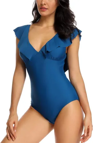 Women's Sexy V-Plunge One-Piece Swimsuit,Studio Solids Ruffle Sleeve Swimwear Bathing Suit