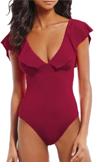 Women's Sexy V-Plunge One-Piece Swimsuit,Studio Solids Ruffle Sleeve Swimwear Bathing Suit