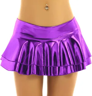 Women's Shiny Metallic Double Layered Ruffle Pleated Mini Skirt Halloween Cosplay Costume Clubwear Purple Large