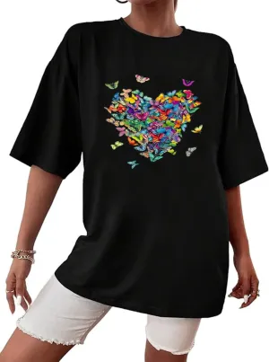 Women's Short Sleeve Heart Butterfly Graphic Tee Shirt Vintage Casual Loose Cotton T Shirt Summer Tops