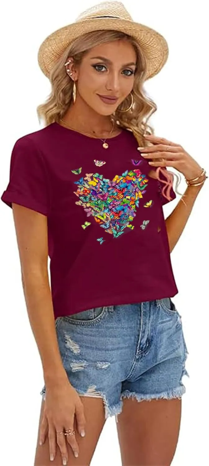 Women's Short Sleeve Heart Butterfly Graphic Tee Shirt Vintage Casual Loose Cotton T Shirt Summer Tops
