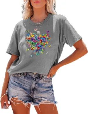 Women's Short Sleeve Heart Butterfly Graphic Tee Shirt Vintage Casual Loose Cotton T Shirt Summer Tops