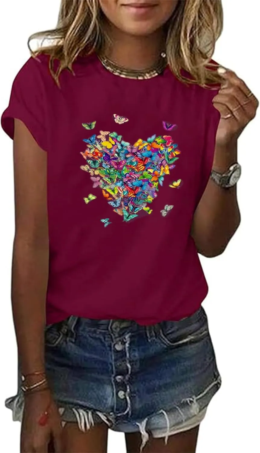 Women's Short Sleeve Heart Butterfly Graphic Tee Shirt Vintage Casual Loose Cotton T Shirt Summer Tops