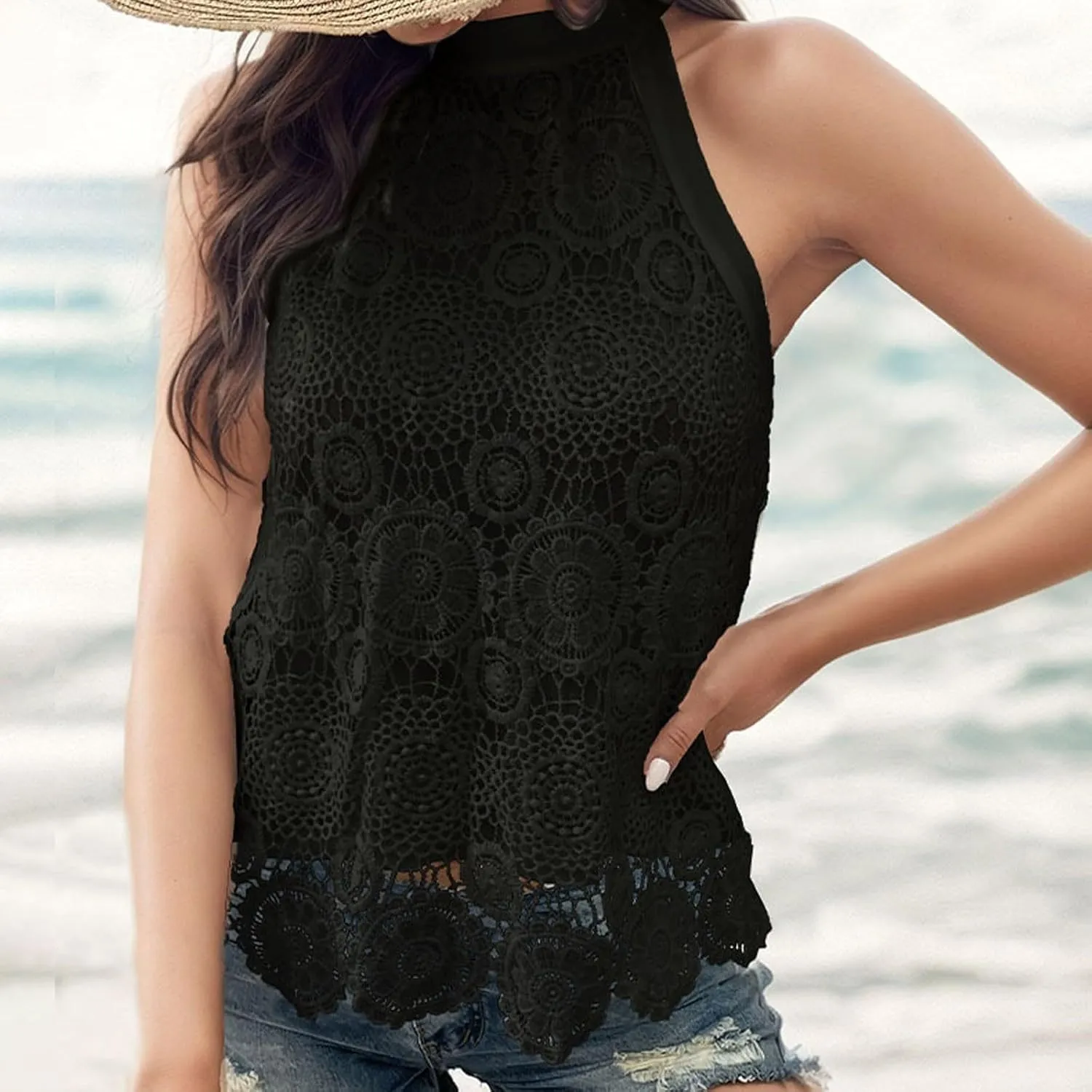 Womens Sleeveless Tops Lace Neck Blouse Solid Lace Crew Neck Tank Top Compression Women